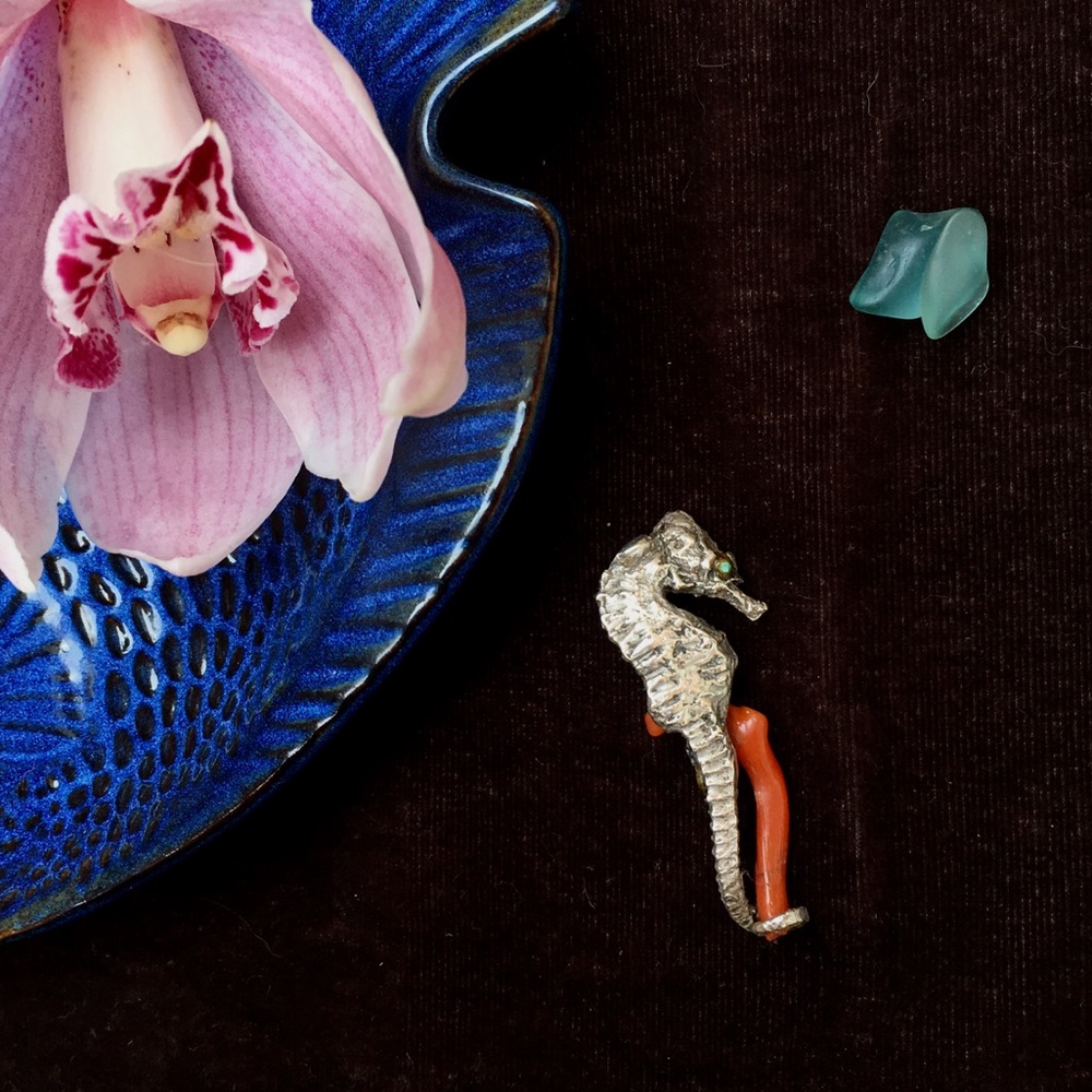 Vintage Sterling and Coral Seahorse Brooch